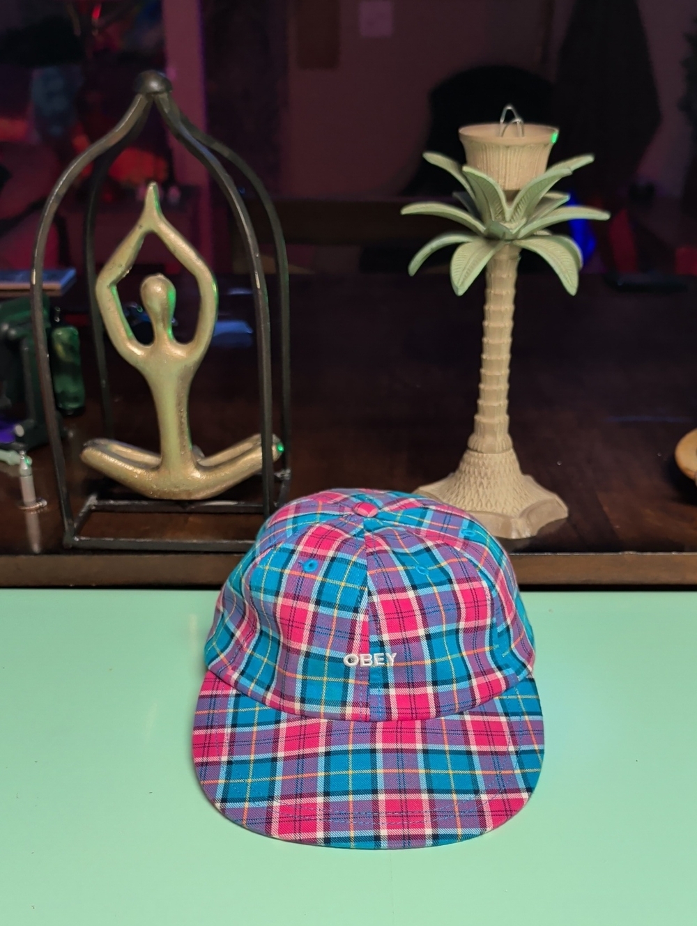 Obey Pink & Blue Plaid Cap